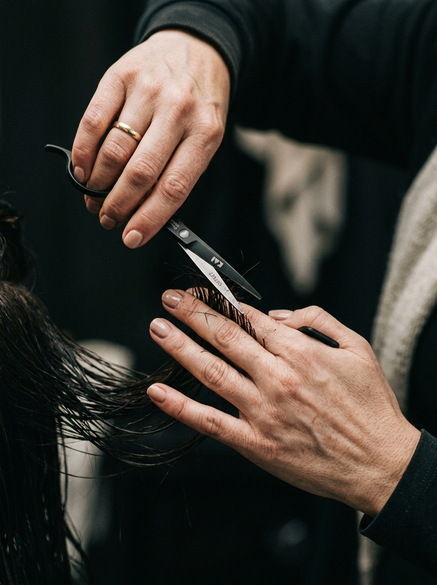 Detalhe editorial — mãos com tesoura